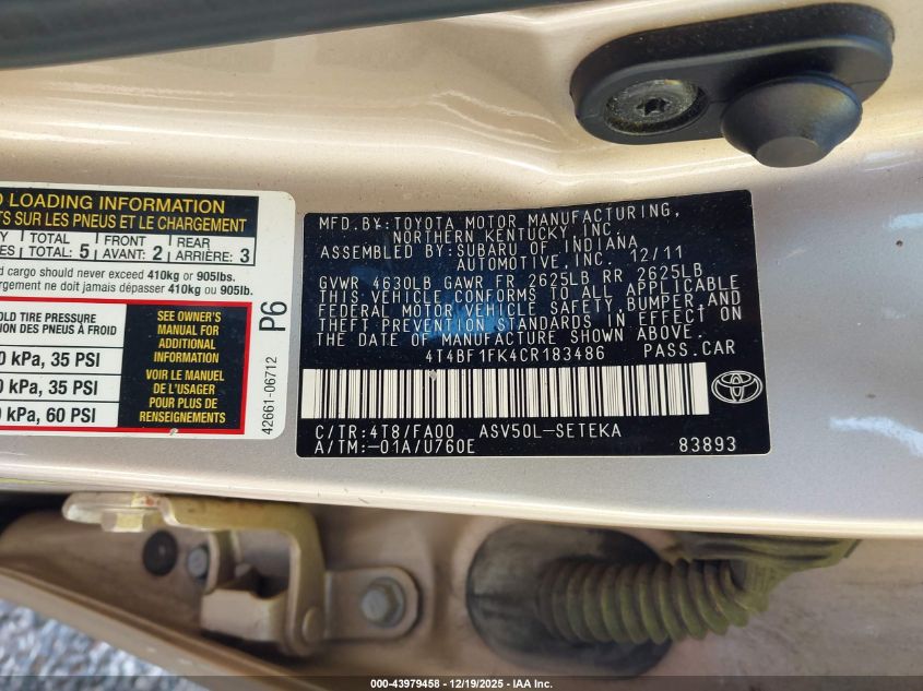 2012 Toyota Camry L VIN: 4T4BF1FK4CR183486 Lot: 43979458