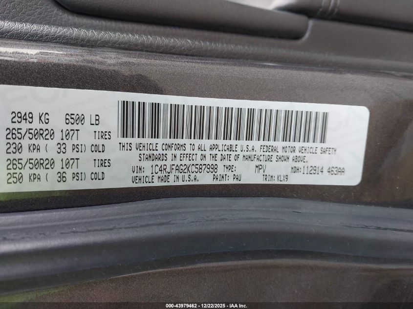 2019 Jeep Grand Cherokee Altitude 4X4 VIN: 1C4RJFAG2KC587998 Lot: 43979462