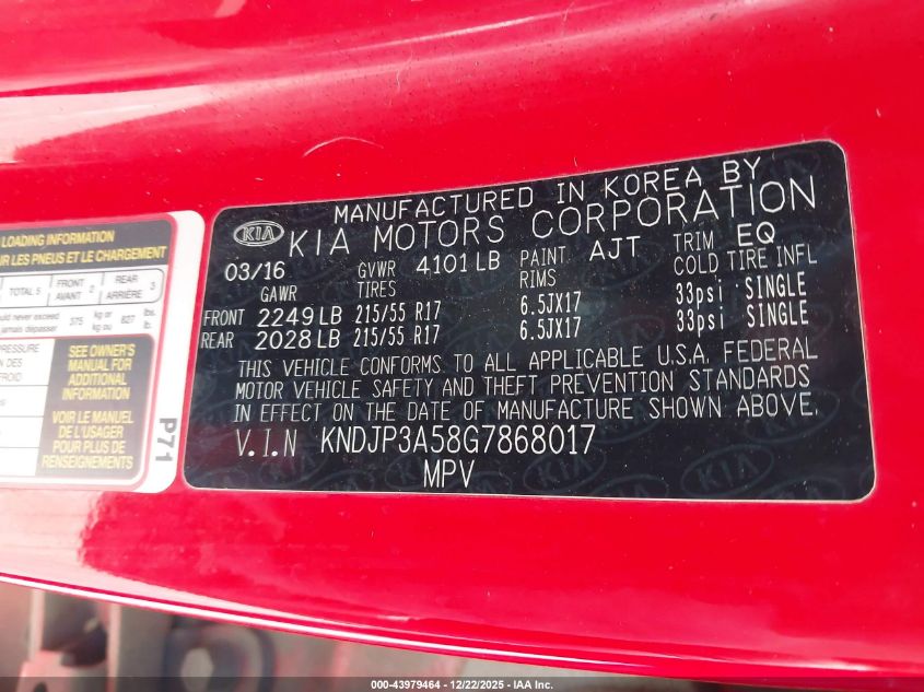 2016 Kia Soul + VIN: KNDJP3A58G7868017 Lot: 43979464