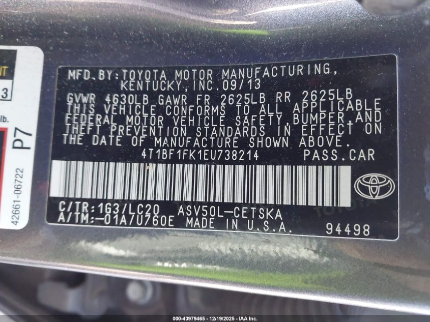 2014 Toyota Camry Se VIN: 4T1BF1FK1EU738214 Lot: 43979465