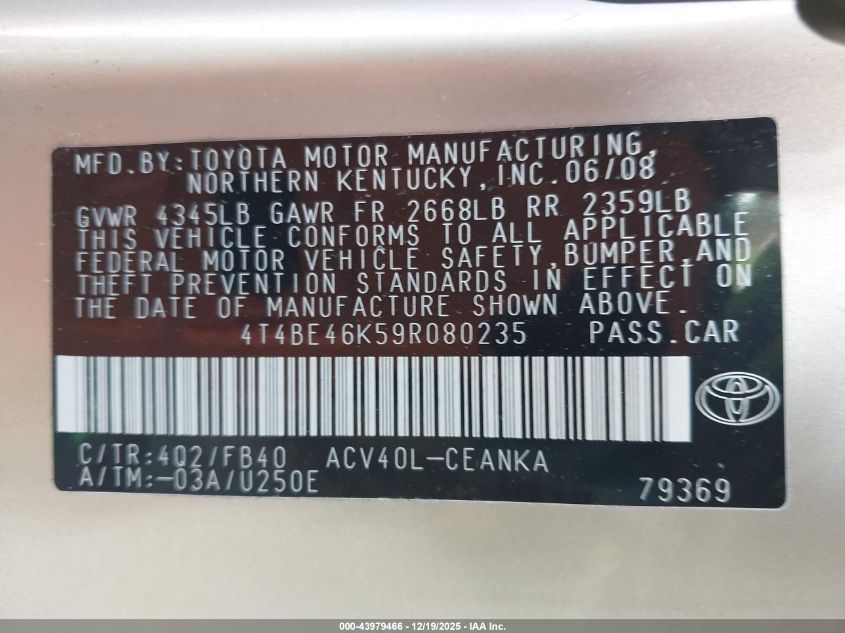 2009 Toyota Camry Le VIN: 4T4BE46K59R080235 Lot: 43979466