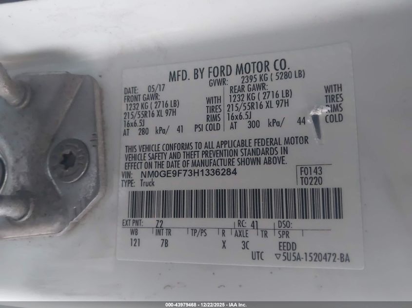 2017 Ford Transit Connect Xlt VIN: NM0GE9F73H1336284 Lot: 43979468