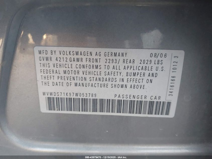 2007 Volkswagen Rabbit 4-Door VIN: WVWDS71K97W053789 Lot: 43979470