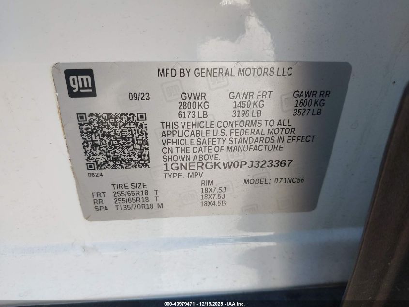 2023 Chevrolet Traverse Fwd Lt Cloth VIN: 1GNERGKW0PJ323367 Lot: 43979471