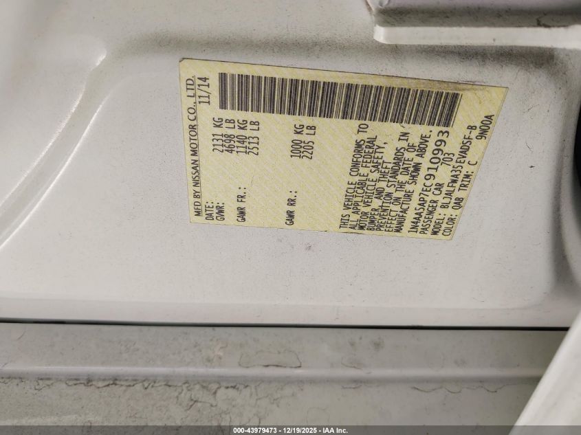 2014 Nissan Maxima 3.5 Sv VIN: 1N4AA5AP7EC910993 Lot: 43979473