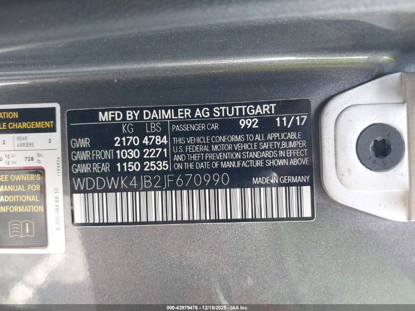 2018 Mercedes-Benz C 300 VIN: WDDWK4JB2JF670990 Lot: 43979476