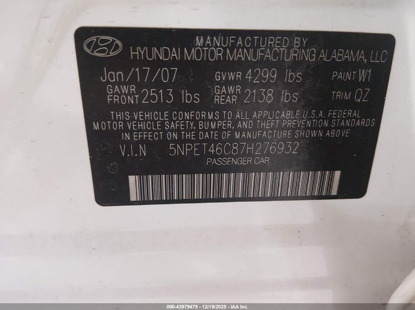 2007 Hyundai Sonata Gls VIN: 5NPET46C87H276932 Lot: 43979479