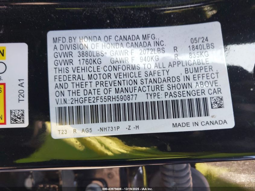 2024 Honda Civic Sport VIN: 2HGFE2F55RH590877 Lot: 43979486