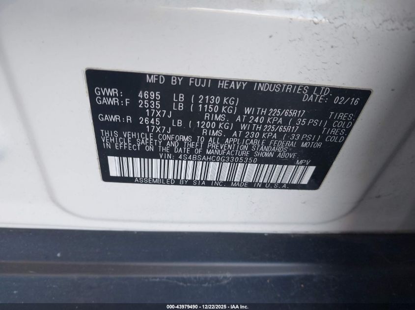 2016 Subaru Outback 2.5I Premium VIN: 4S4BSAHC0G3305350 Lot: 43979490