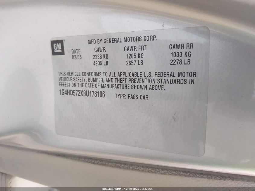 2008 Buick Lucerne Cxl VIN: 1G4HD572X8U178106 Lot: 43979491