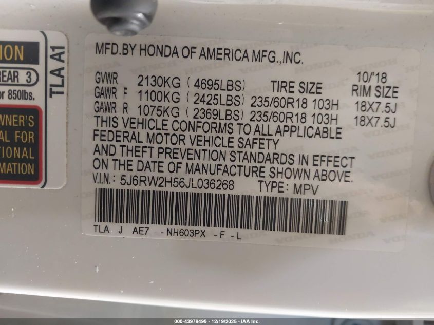 2018 Honda Cr-V Ex VIN: 5J6RW2H56JL036268 Lot: 43979499