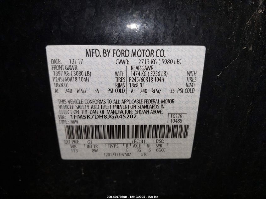 2018 Ford Explorer Xlt VIN: 1FM5K7DH8JGA45202 Lot: 43979500