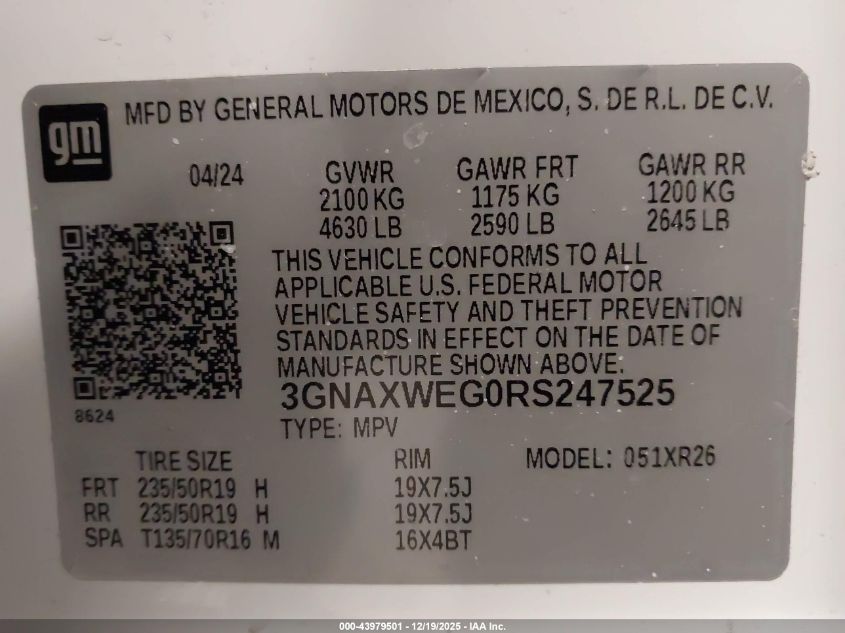 2024 Chevrolet Equinox Awd Rs VIN: 3GNAXWEG0RS247525 Lot: 43979501