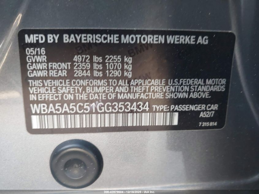 2016 BMW 528I VIN: WBA5A5C51GG353434 Lot: 43979504