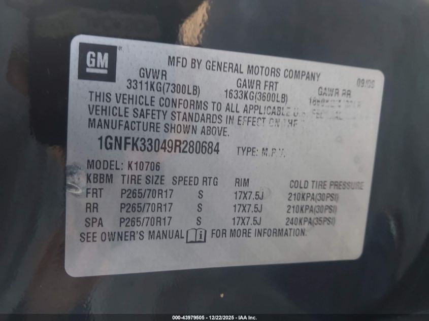 2009 Chevrolet Tahoe Ltz VIN: 1GNFK33049R280684 Lot: 43979505