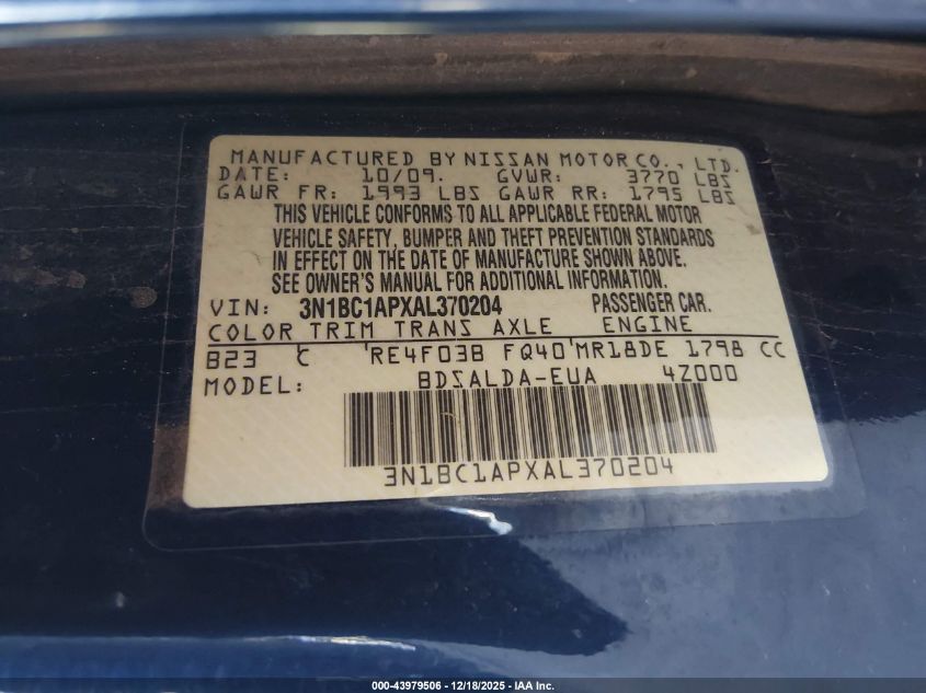 2010 Nissan Versa 1.8S VIN: 3N1BC1APXAL370204 Lot: 43979506