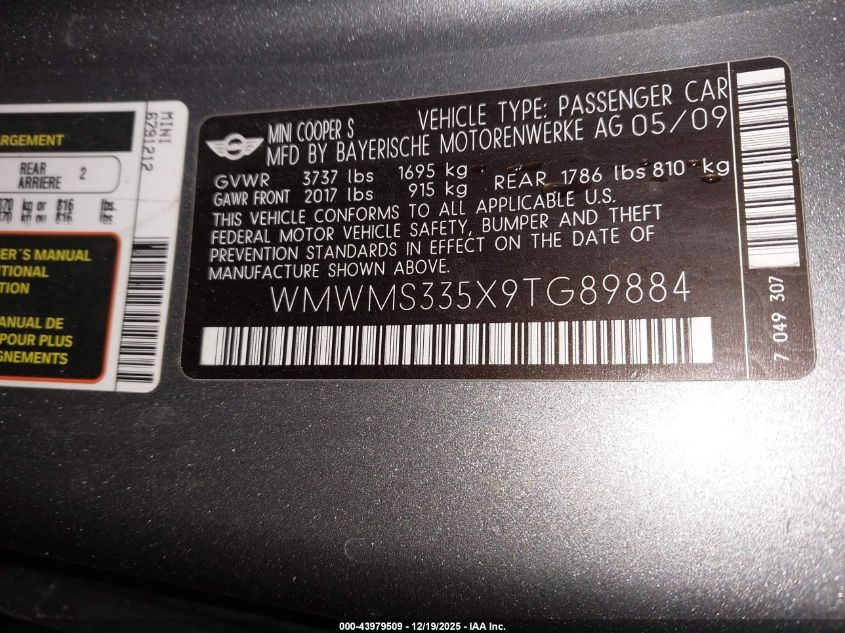 2009 Mini Cooper S VIN: WMWMS335X9TG89884 Lot: 43979509