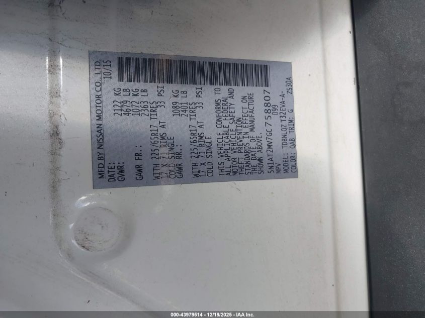 2016 Nissan Rogue Sv VIN: 5N1AT2MV7GC758807 Lot: 43979514