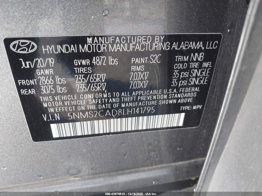 2020 Hyundai Santa Fe Se VIN: 5NMS2CAD8LH141795 Lot: 43979515