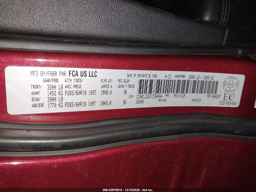 2015 Dodge Durango Limited VIN: 1C4RDJDG2FC784844 Lot: 43979519