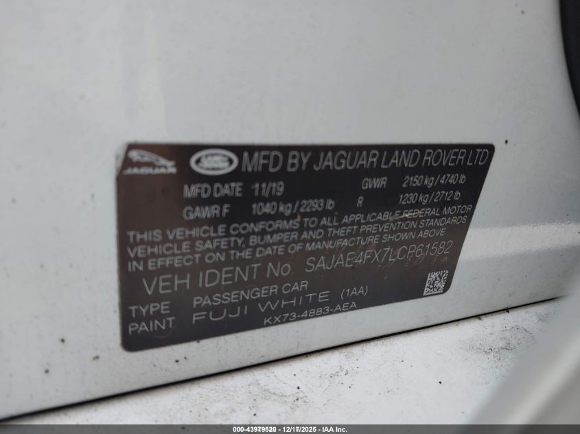 2020 Jaguar Xe S Rwd Automatic VIN: SAJAE4FX7LCP61582 Lot: 43979520