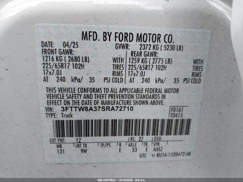 2025 Ford Maverick Xl VIN: 3FTTW8A37SRA72710 Lot: 43979523