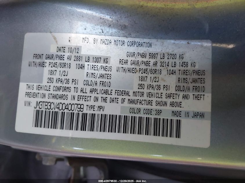 2013 Mazda Cx-9 Touring VIN: JM3TB3CV4D0400799 Lot: 43979530