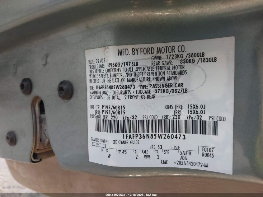 2005 Ford Focus Zxw VIN: 1FAFP36N85W260473 Lot: 43979533