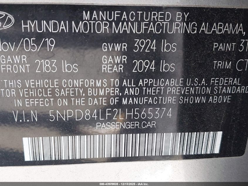 2020 Hyundai Elantra Sel VIN: 5NPD84LF2LH565374 Lot: 43979535