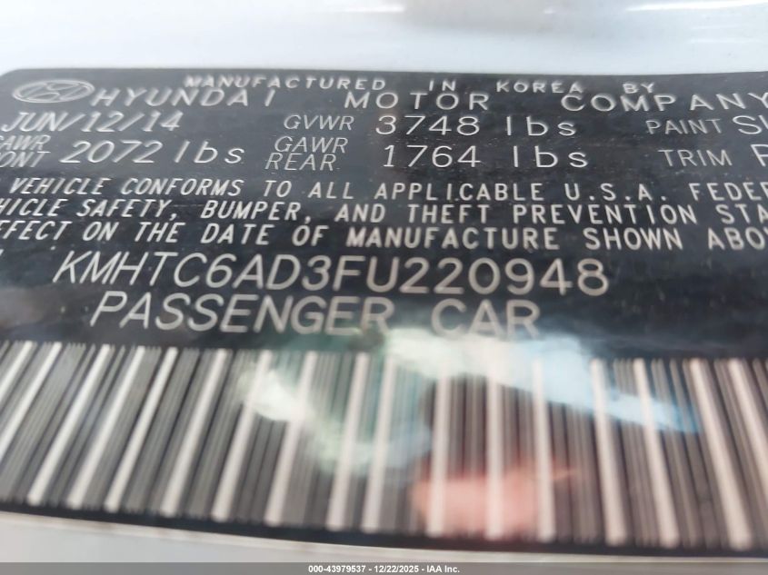 2015 Hyundai Veloster Re:flex VIN: KMHTC6AD3FU220948 Lot: 43979537