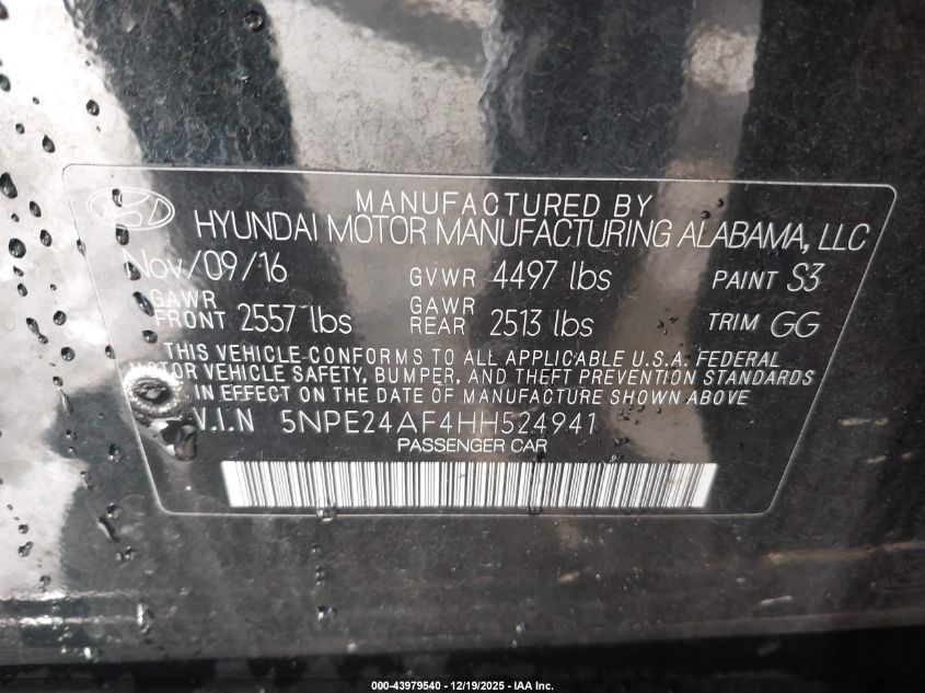 2017 Hyundai Sonata Se VIN: 5NPE24AF4HH524941 Lot: 43979540