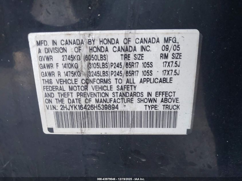 2006 Honda Ridgeline Rts VIN: 2HJYK16426H539894 Lot: 43979546