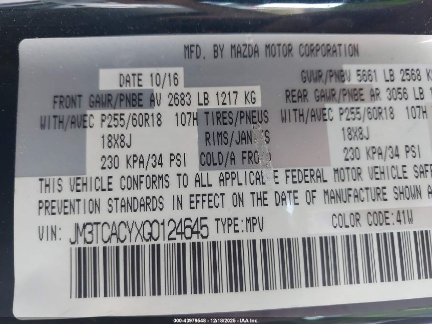 2016 Mazda Cx-9 Touring VIN: JM3TCACYXG0124645 Lot: 43979548