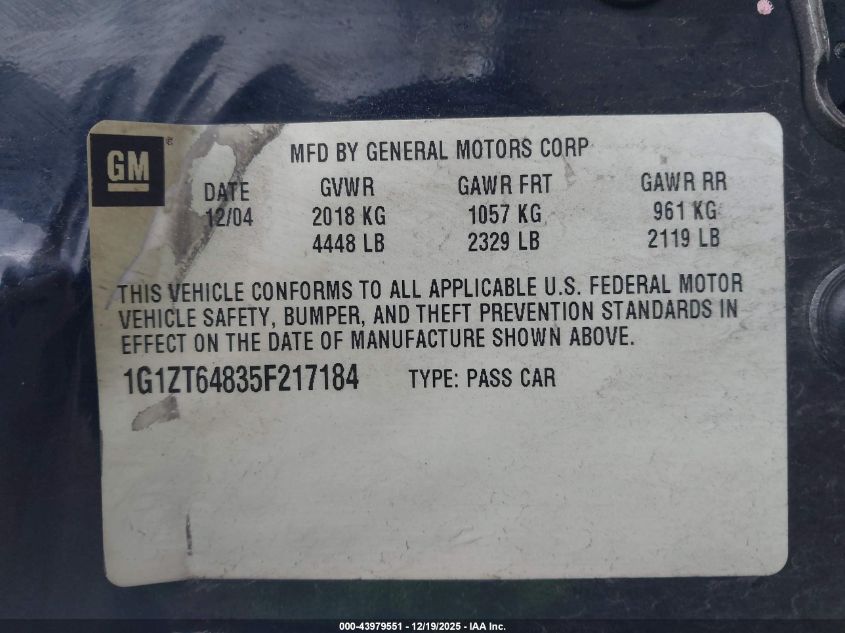 2005 Chevrolet Malibu Maxx Ls VIN: 1G1ZT64835F217184 Lot: 43979551