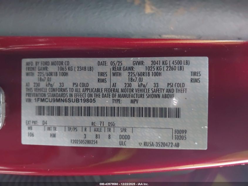 2025 Ford Escape St-Line VIN: 1FMCU9MN6SUB19805 Lot: 43979560