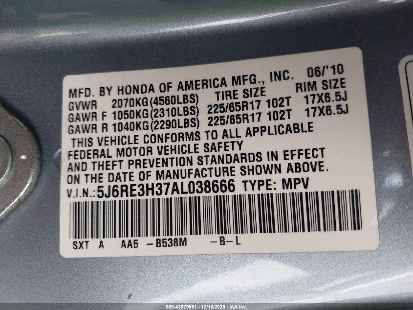 2010 Honda Cr-V Lx VIN: 5J6RE3H37AL038666 Lot: 43979561