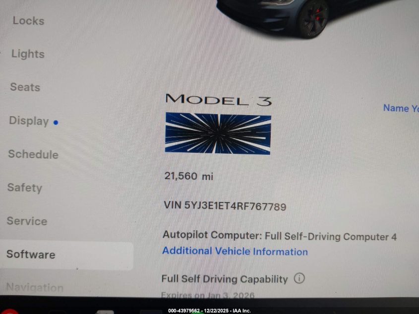 2024 Tesla Model 3 Performance All-Wheel Drive VIN: 5YJ3E1ET4RF767789 Lot: 43979562