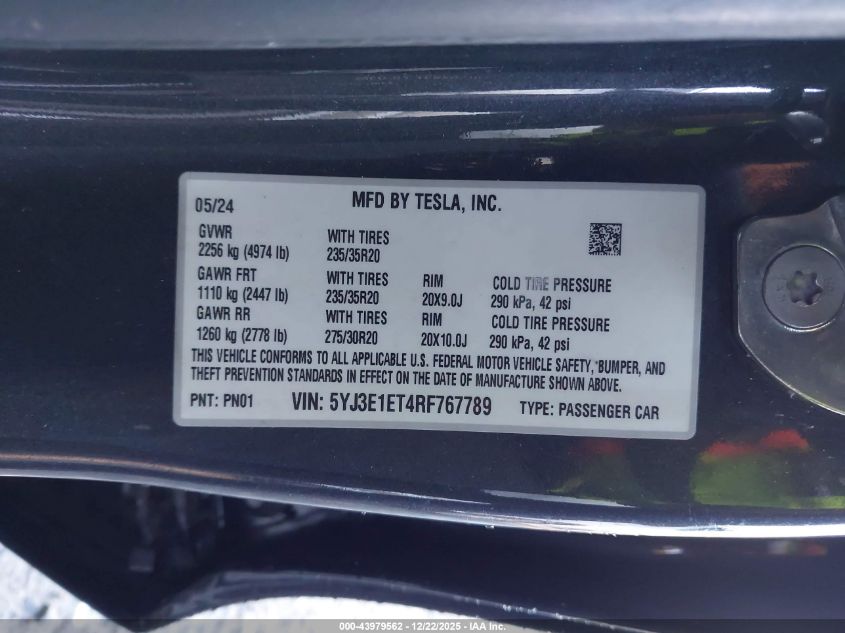 2024 Tesla Model 3 Performance All-Wheel Drive VIN: 5YJ3E1ET4RF767789 Lot: 43979562