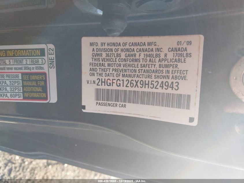 2009 Honda Civic Lx VIN: 2HGFG126X9H524943 Lot: 43979565