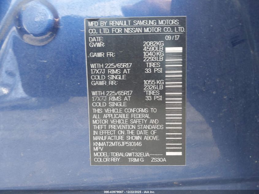 2018 Nissan Rogue Sv VIN: KNMAT2MT6JP510146 Lot: 43979567