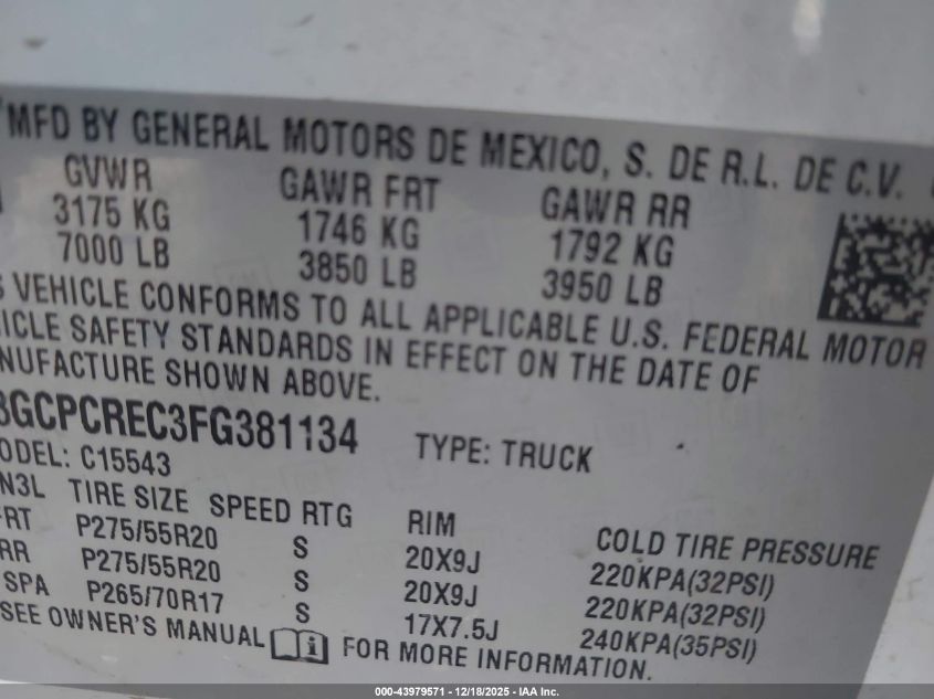 2015 Chevrolet Silverado 1500 1Lt VIN: 3GCPCREC3FG381134 Lot: 43979571