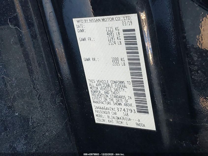 2019 Nissan Maxima 3.5 S VIN: 1N4AA6AV2KC374793 Lot: 43979583