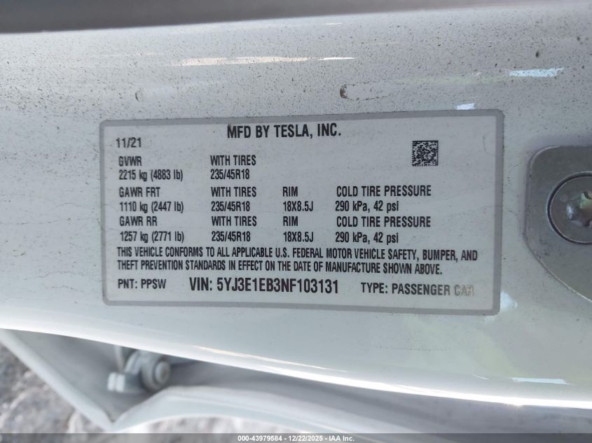 2022 Tesla Model 3 Long Range Dual Motor All-Wheel Drive VIN: 5YJ3E1EB3NF103131 Lot: 43979584