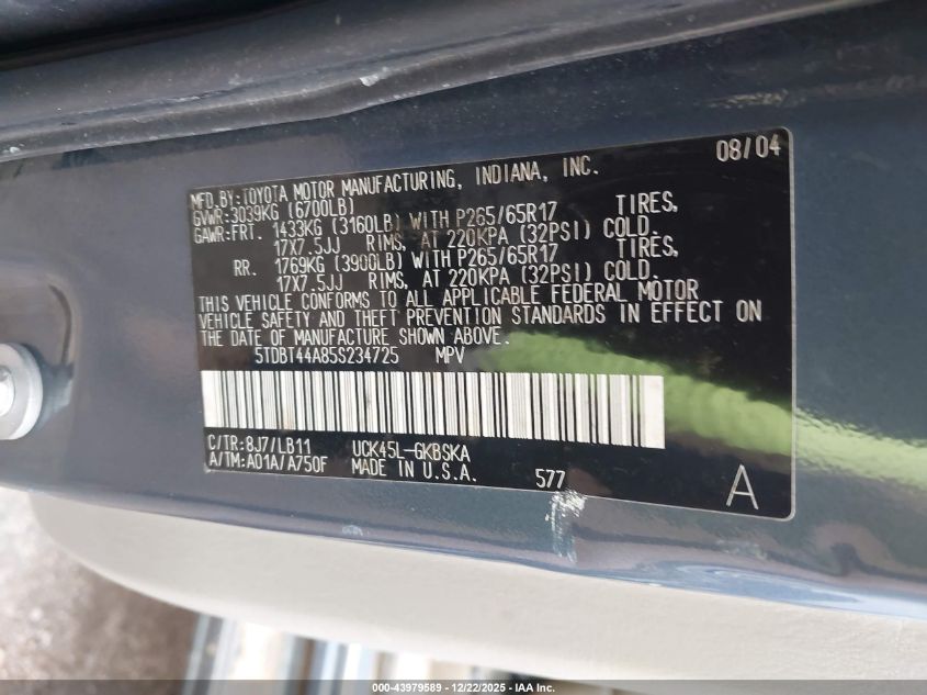 2005 Toyota Sequoia Sr5 V8 VIN: 5TDBT44A85S234725 Lot: 43979589