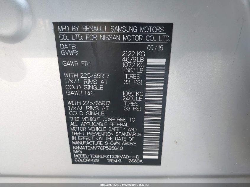 2016 Nissan Rogue S VIN: KNMAT2MV7GP595640 Lot: 43979592