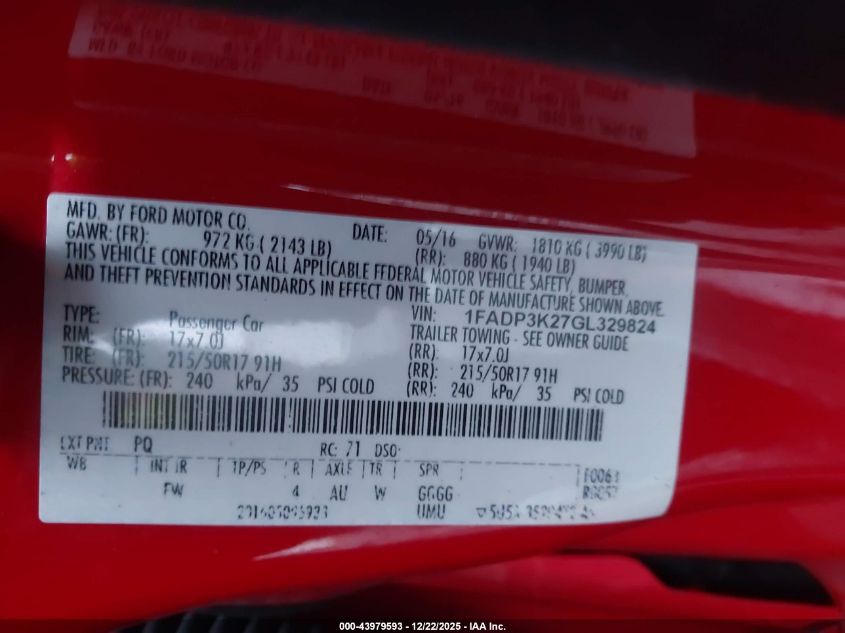 2016 Ford Focus VIN: NOTAVAILABLE Lot: 43979593