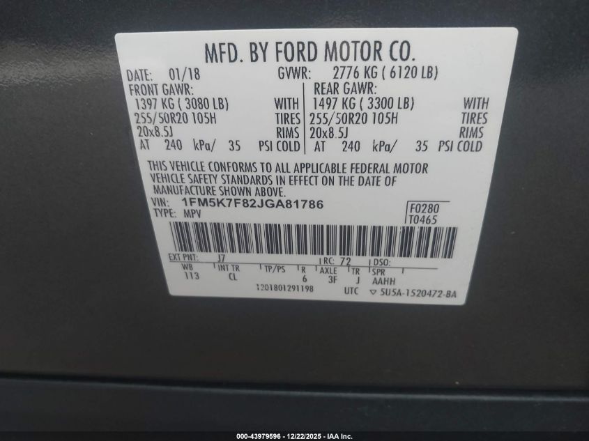 2018 Ford Explorer Limited VIN: 1FM5K7F82JGA81786 Lot: 43979596