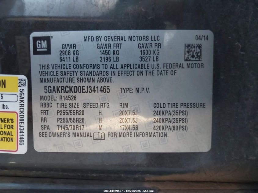 2014 Buick Enclave Premium VIN: 5GAKRCKD0EJ341465 Lot: 43979597