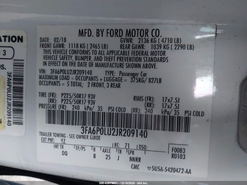 2018 Ford Fusion Hybrid Se VIN: 3FA6P0LU2JR209140 Lot: 43979601