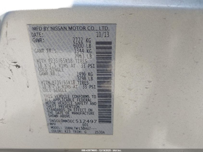 2014 Infiniti Qx60 Hybrid VIN: 5N1CL0MM3EC512497 Lot: 43979605